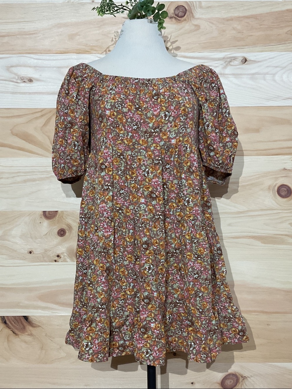 Wild Fable Floral Tiered elastic top Mini Dress - Brown & Purple & Mustard